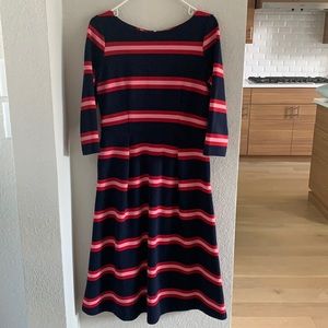Boden navy, red and pink striped midi dress.
